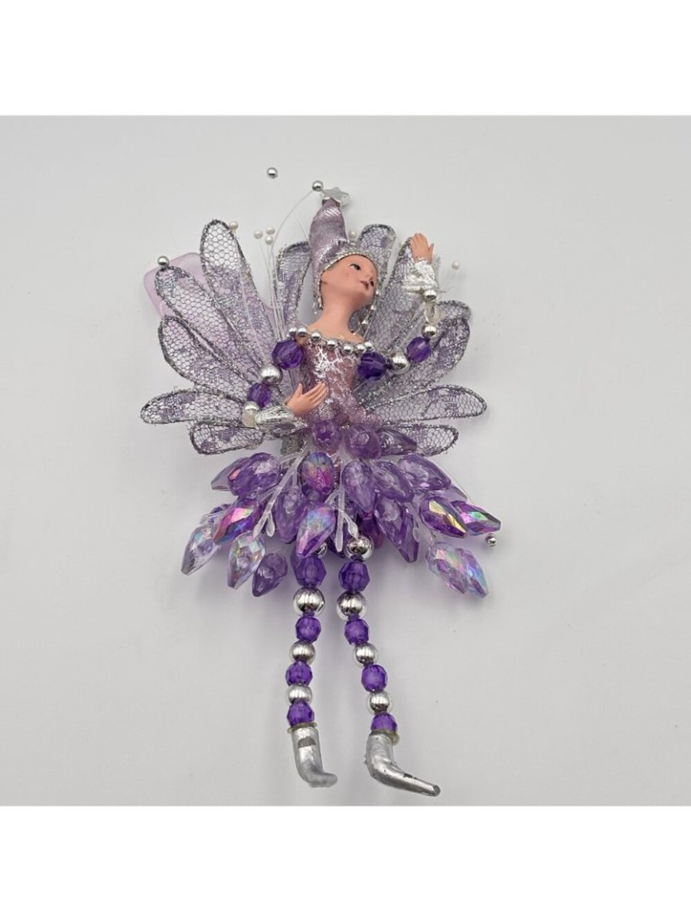 Vintage Purple Pixie Fairy Christmas Tree Ornament Hanging Beaded Shiny 8” Girl - Picture 2 of 16